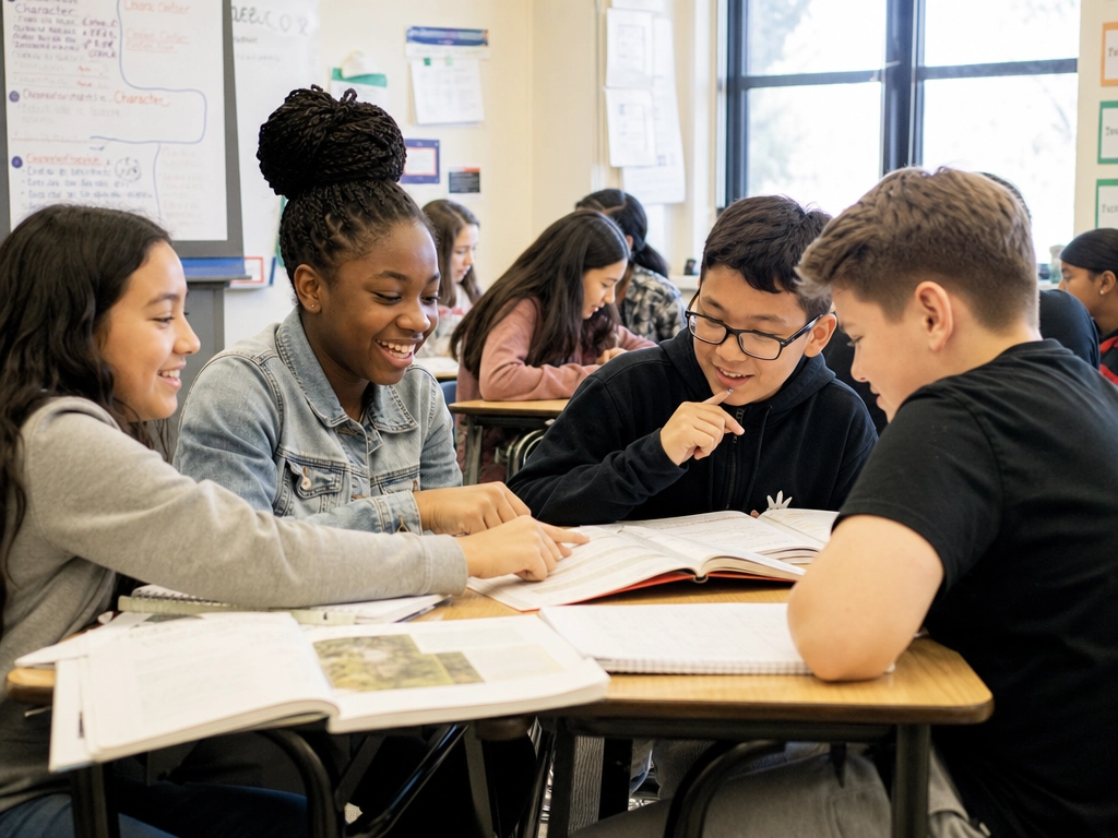 Diverse group of American middle school students learning together