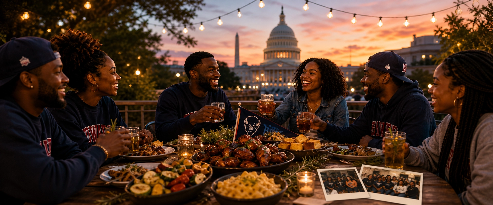 Howard Homecoming Weekend gathering in Washington, DC with food, friends, and the US Capitol at sunset